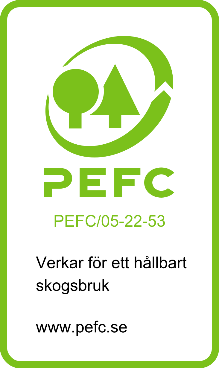 PEFC-märket, licensnummer PEFC/05-22-53. Verkar för ett hållbart skogsbruk.